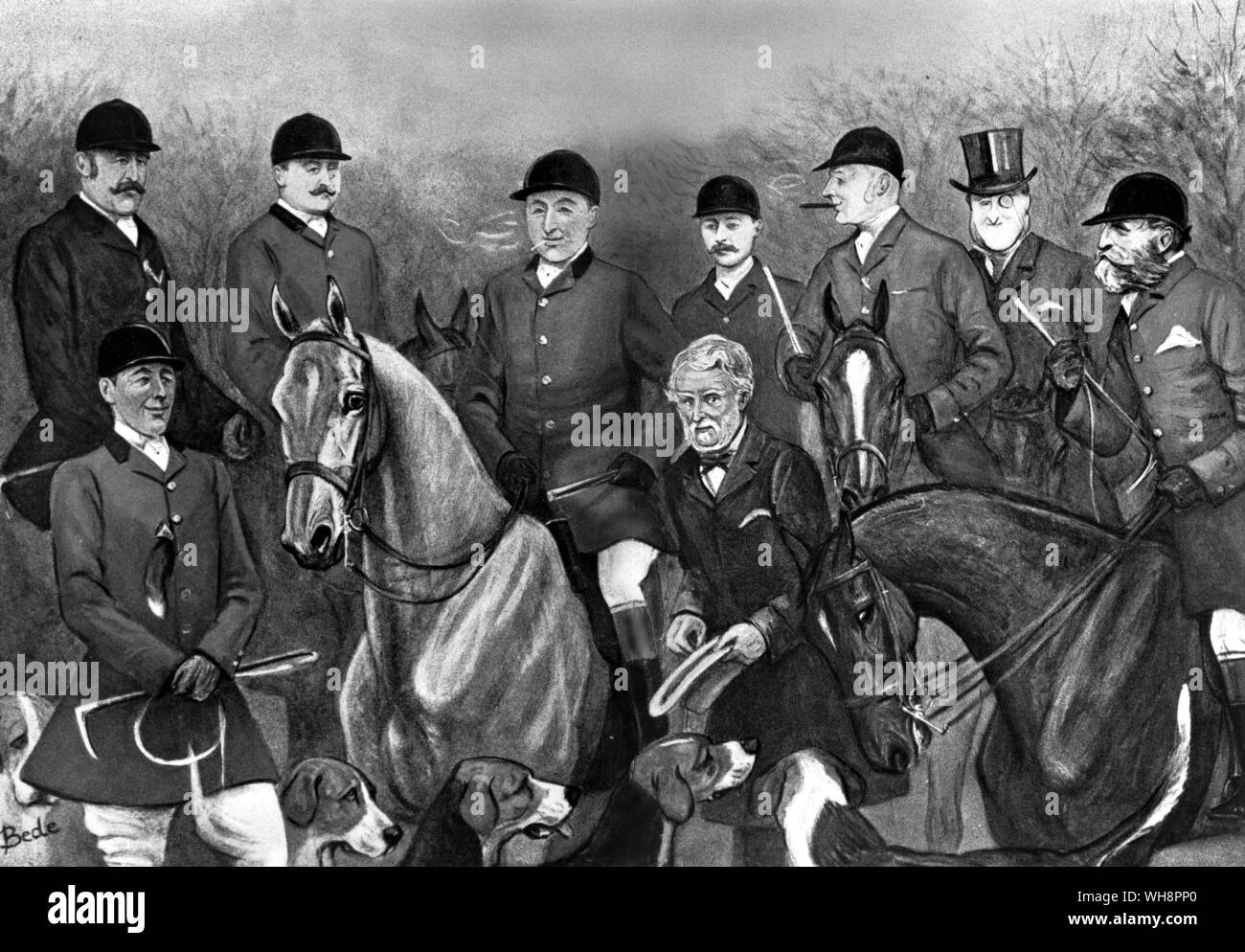 A Foxhunting Constellation. On horseback: the 9th Duke of Beaufort, Mr George Charles Wentworth Fitzwilliam, Sir Gilbert Greenall, first outside master of the Belvoir since Lord Forester, the 4th Earl of Yarborough, the 5th Earl of Lonsdale, Mr Henry Chaplin (later first Viscount Chaplin), the 8th Earl of Harrington. Standing: Ben Chapell, Belvoir huntsman from 1896 to 1912 and the 7th Duke of Rutland. Stock Photo