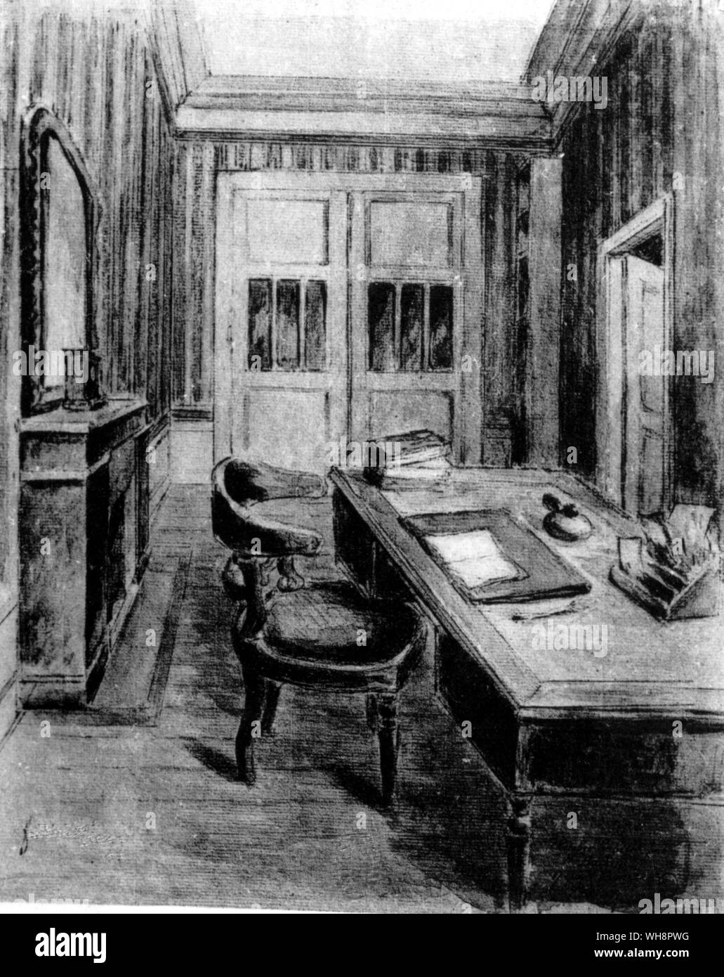 Honore de Balzac's office in the rue Visconti.  Drawing by Frederic Leon Stock Photo