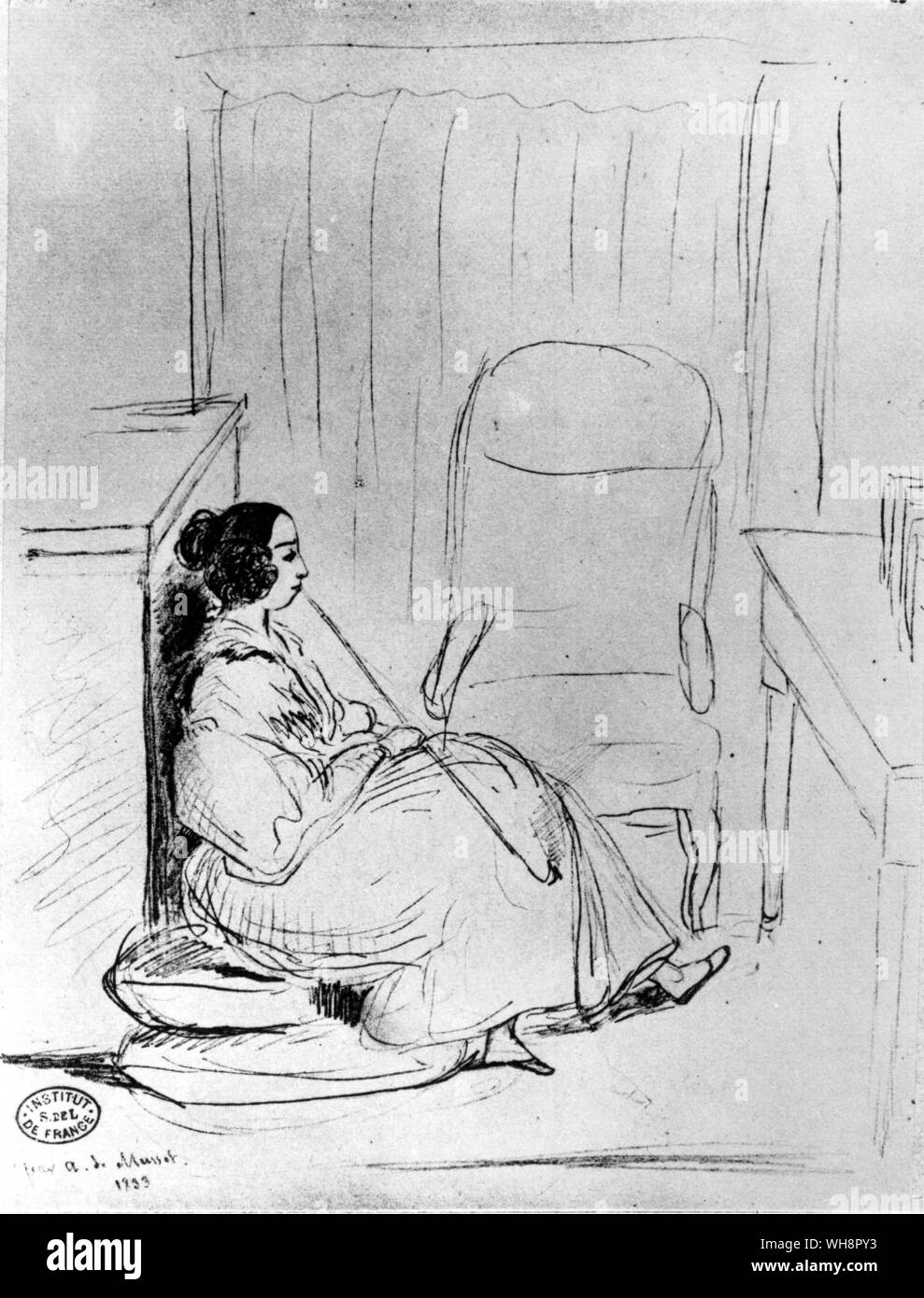 George Sand smoking a hookah.  Drawing by Alfred de Vigny Stock Photo