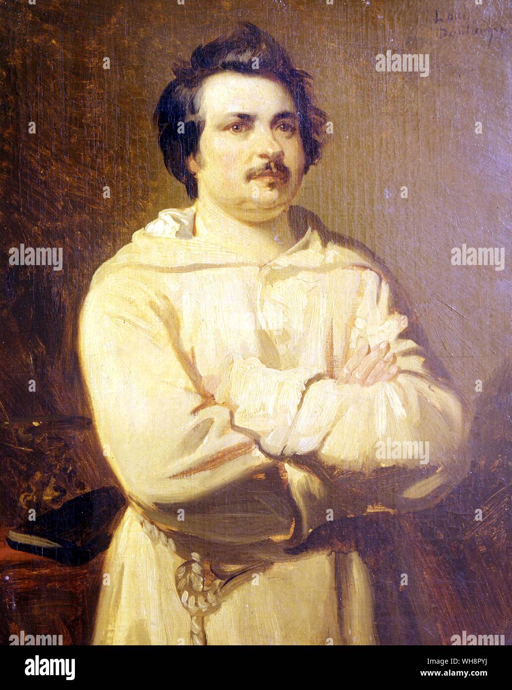 Front jacket illustration - Balzac wearing his monk's robe, by Boulanger. Also Page 76 - Balzac in his monk's habit by Louis Boulanger, 1829. Gautier wrote of it: There is in this head of a monk and a trooper, a rare mixture of reflection and good humour, of resolution and high temper: the thinker and the man of action mingle in an odd harmony. Stock Photo