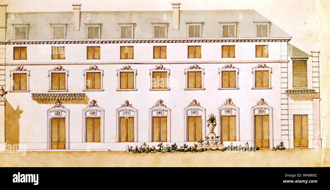 Watercolour by Santi - Balzac's interior designer - of the house in the rue Fortunee: from the street and from the garden Stock Photo