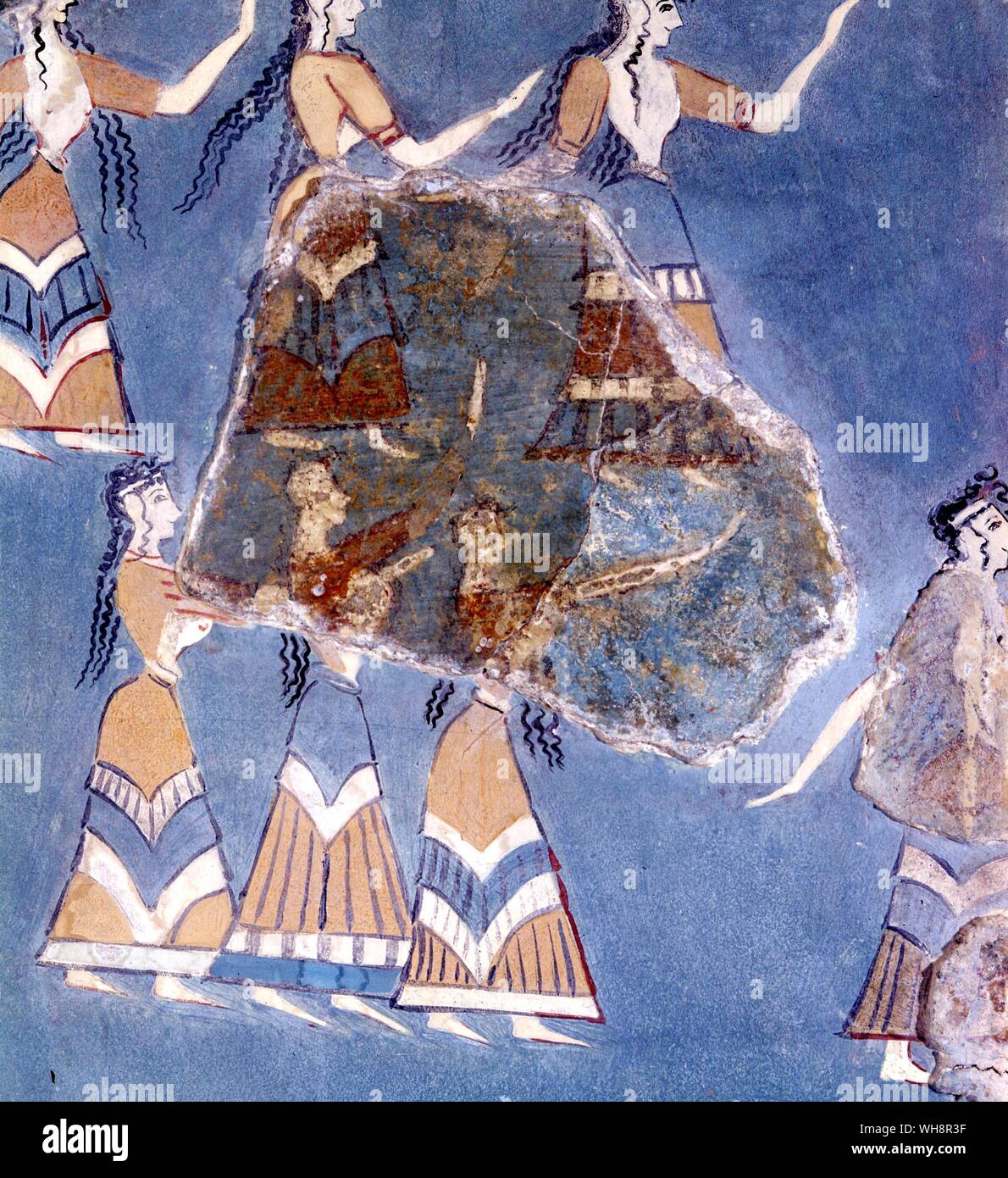 The dancers are all women.  Detail of miniature fresco, palace of Knossos, 16th century BC Stock Photo