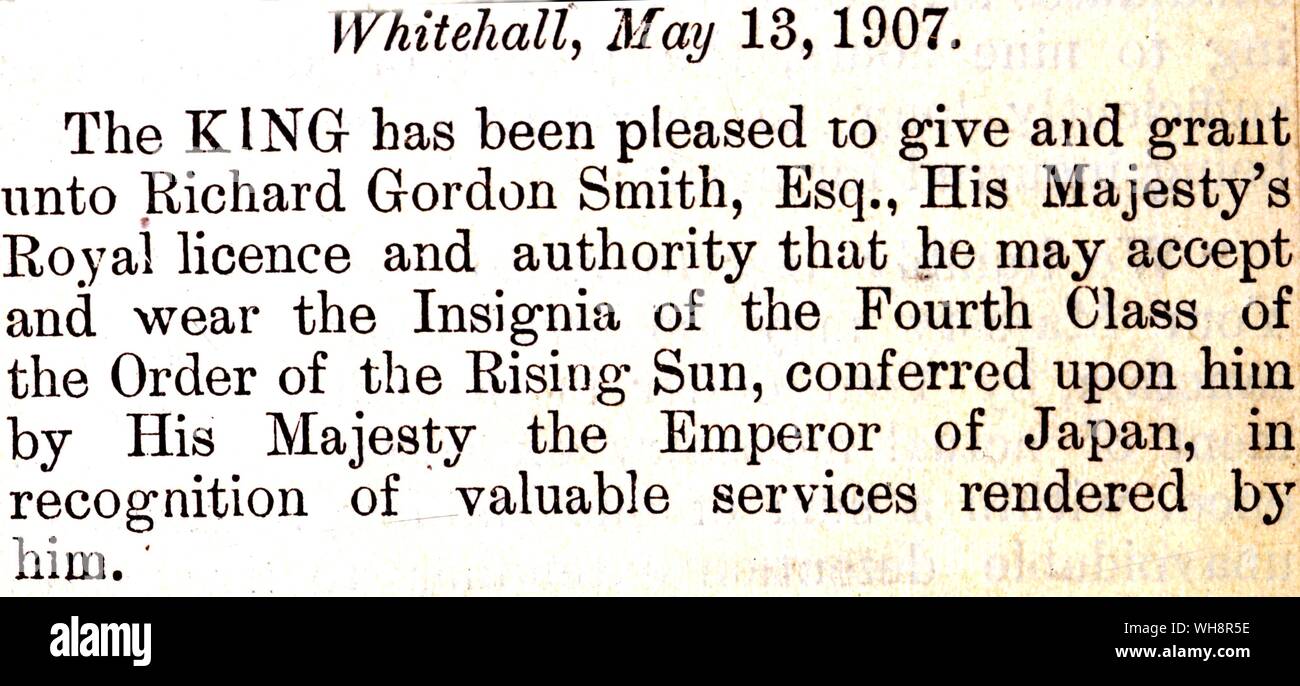 An article reporting Richard Gordon-Smith's receiving of the Insignia of the Fourth Class of the Order of the Rising Sun. 1907. Stock Photo