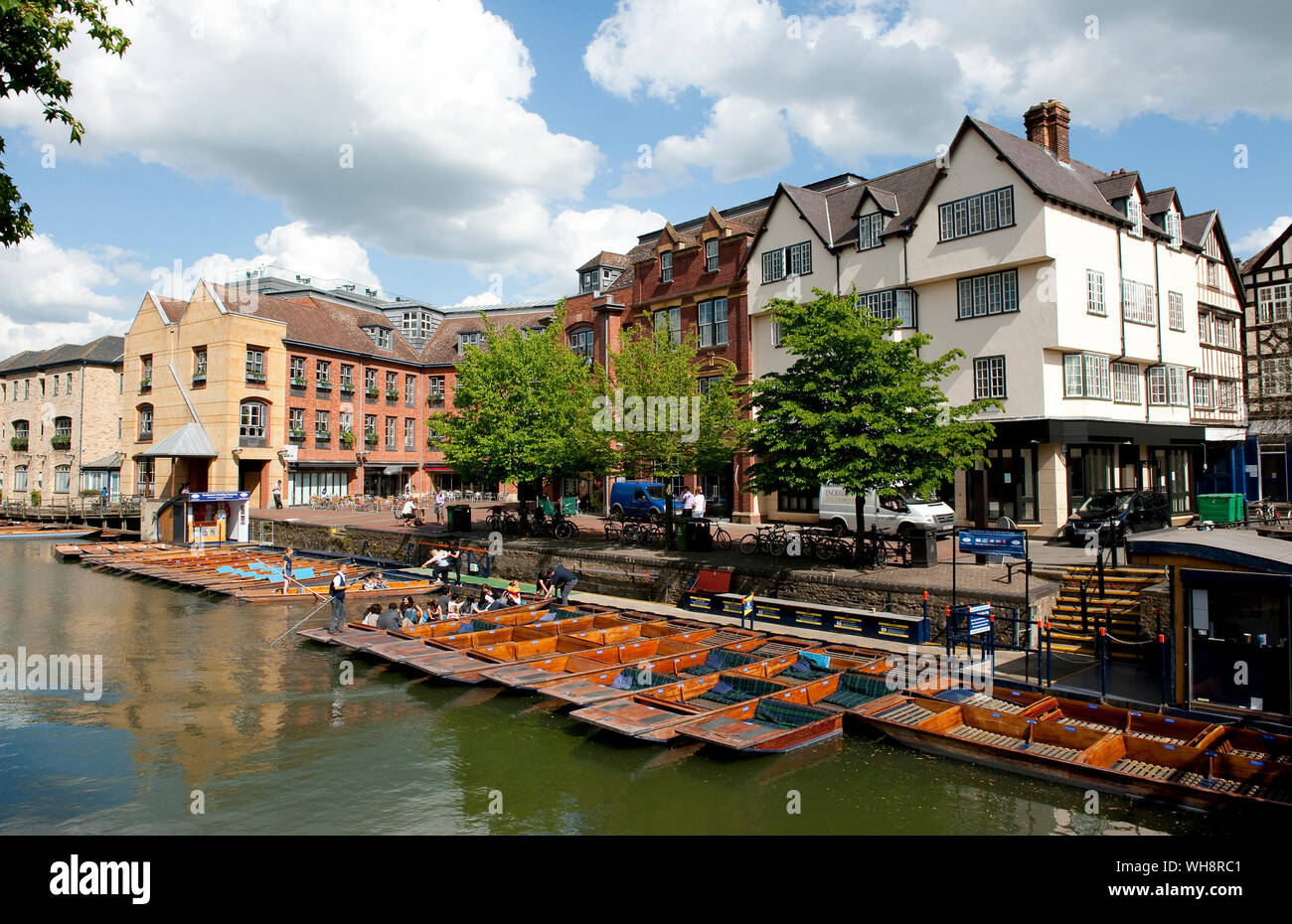 Wooden punts on the River Cam at Scudamore's Punting Company, Cambridge, England. Stock Photo