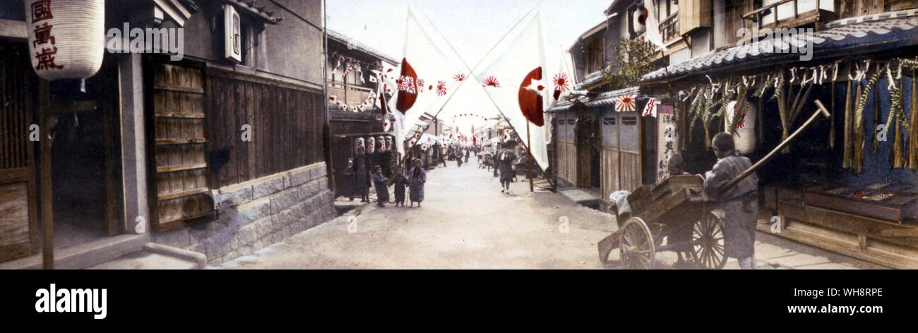 Decorations in a street to commemorate the fall of Port Arthur. 1904. Stock Photo