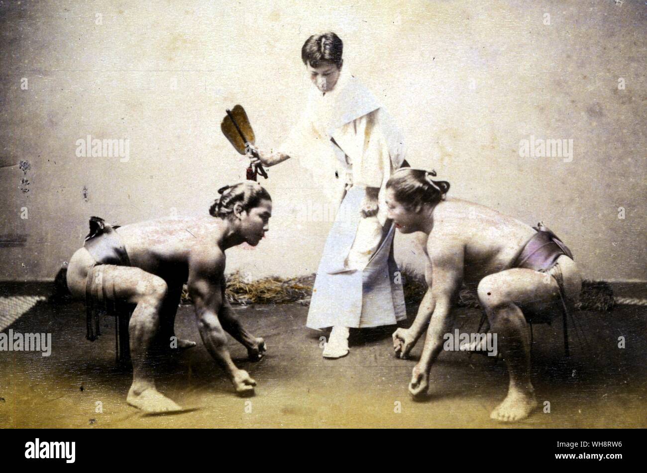 Japanese wrestling (sumo). 1900. Stock Photo