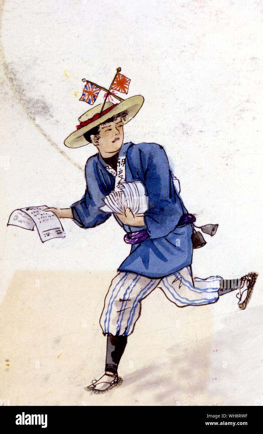 A japanese news distributor who runs through the streets dropping pieces of paper with the latest news of the Russo-Japanese war through subscribers doors. 1904. Stock Photo