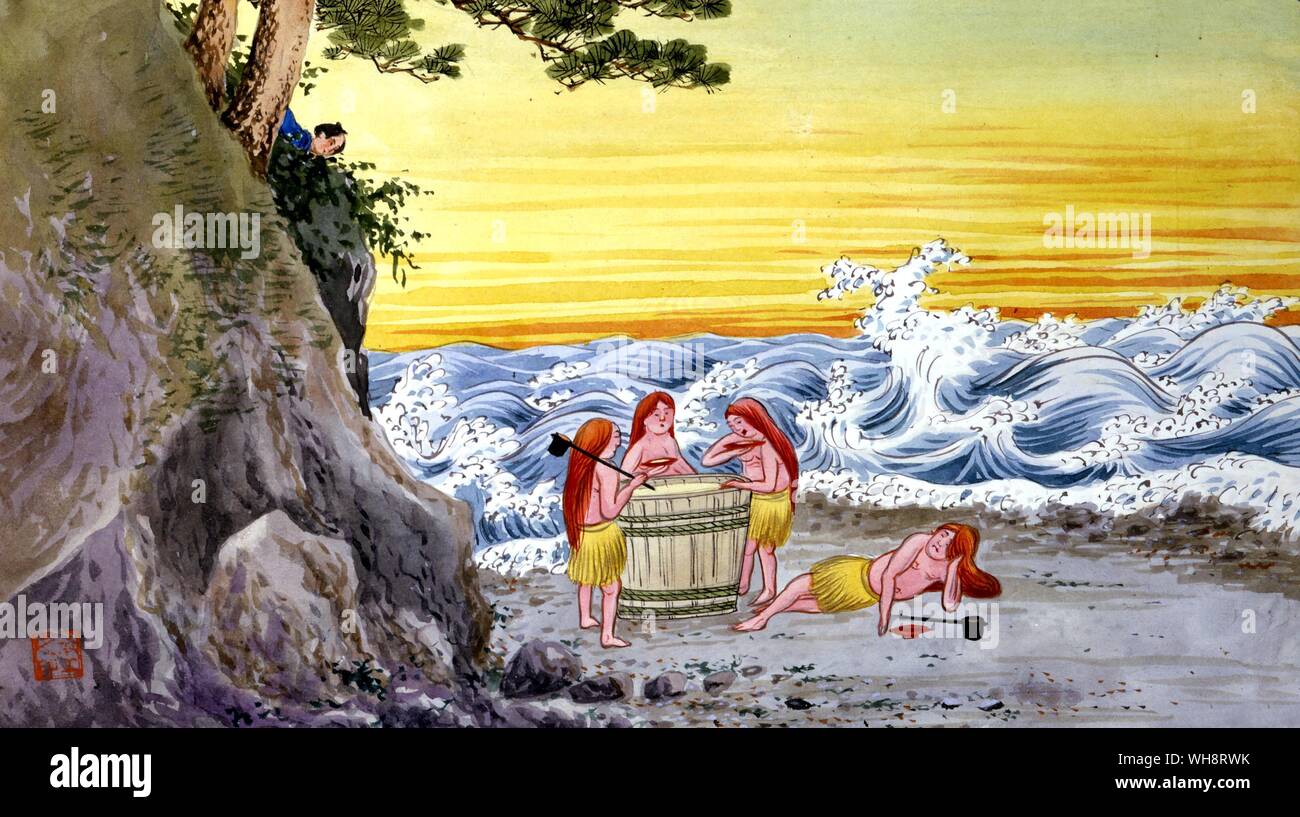 Shojos (red haired sea monsters) drinking Sake left for them by a farmer. 1904 Stock Photo