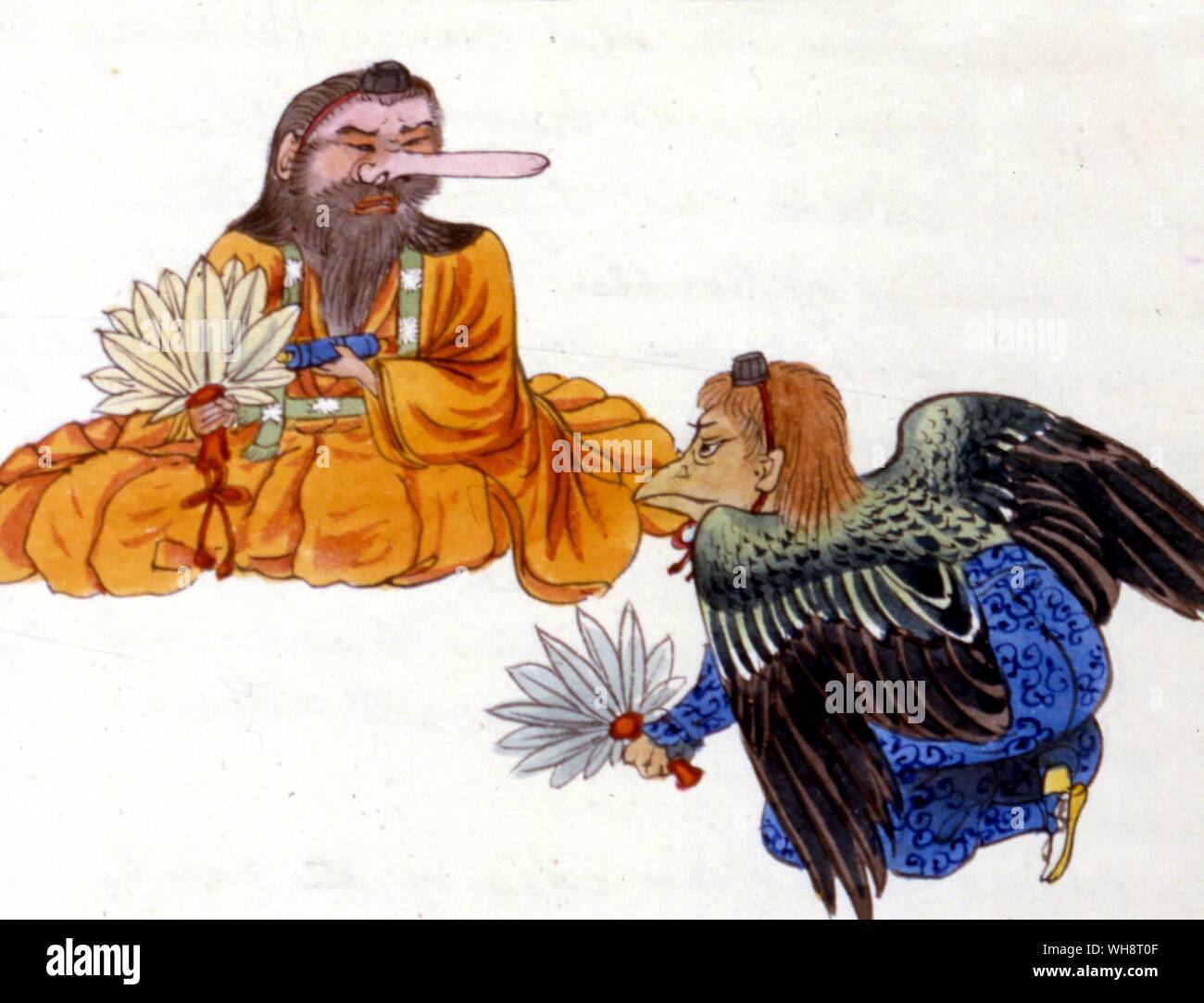 Mythical creatures - the long nosed Tengu and Karasu Tengu. Stock Photo