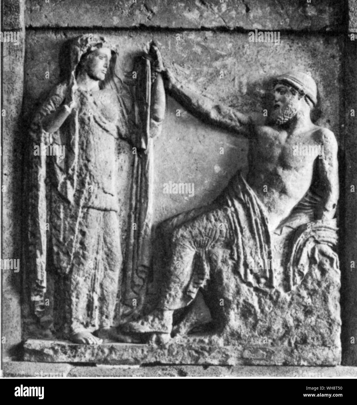 Marriage of the gods. The first meting of the Greek divinities Zeus and Hera. Metope from Greek temple at Selinius Sicily 5th century BC . . Wedding of Zeus and Hera Stock Photo