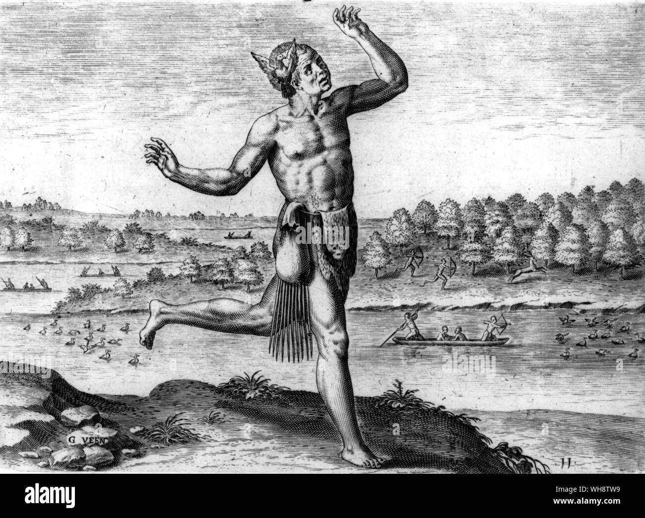 Magicians and shamans have extraordinary powers to aid and protect their fellow humans, because they are able to converse with and contend against invisable spirits of all such kinds. Such powers are communicated in both actions and attributes. Thus, this Florida Shaman of 16 century is dispiced with a bird, and in attitude of taking off to fly Stock Photo