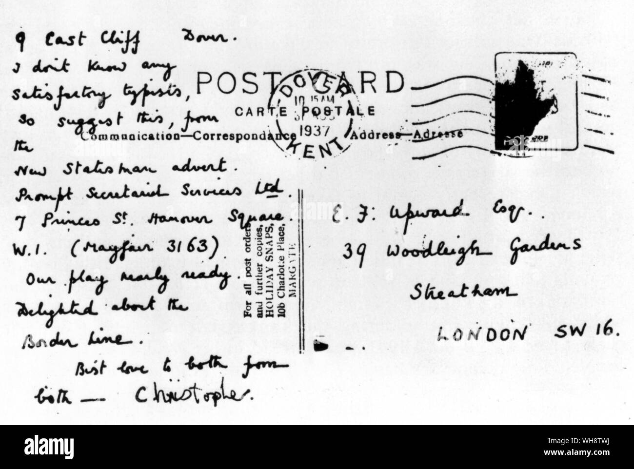 Postcard sent to Auden by Chrstopher Isherwood 1937 Stock Photo