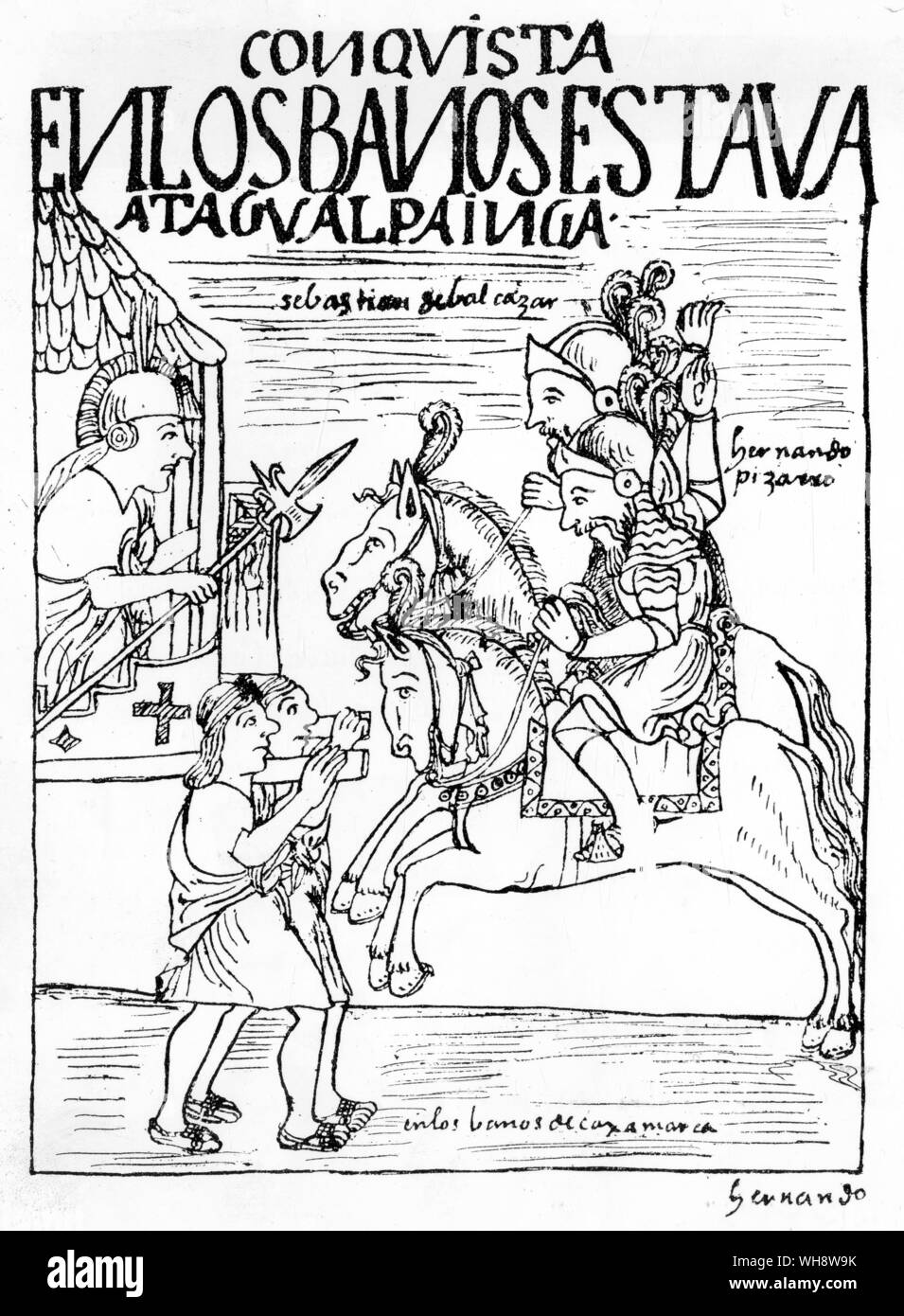 De Soto and Hernando Pizarro ride up to Atahualpa to deliver Pizarro's message. Peruvian codex entitled 'Nueva Coronica y Buen Gobierno', compiled by Felipe Huaman Poma de Ayala, completed in 1613 Stock Photo