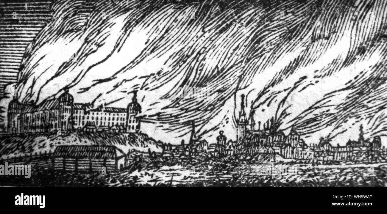 The Uppsala fire, 1702 (contemporary illustration). Stock Photo