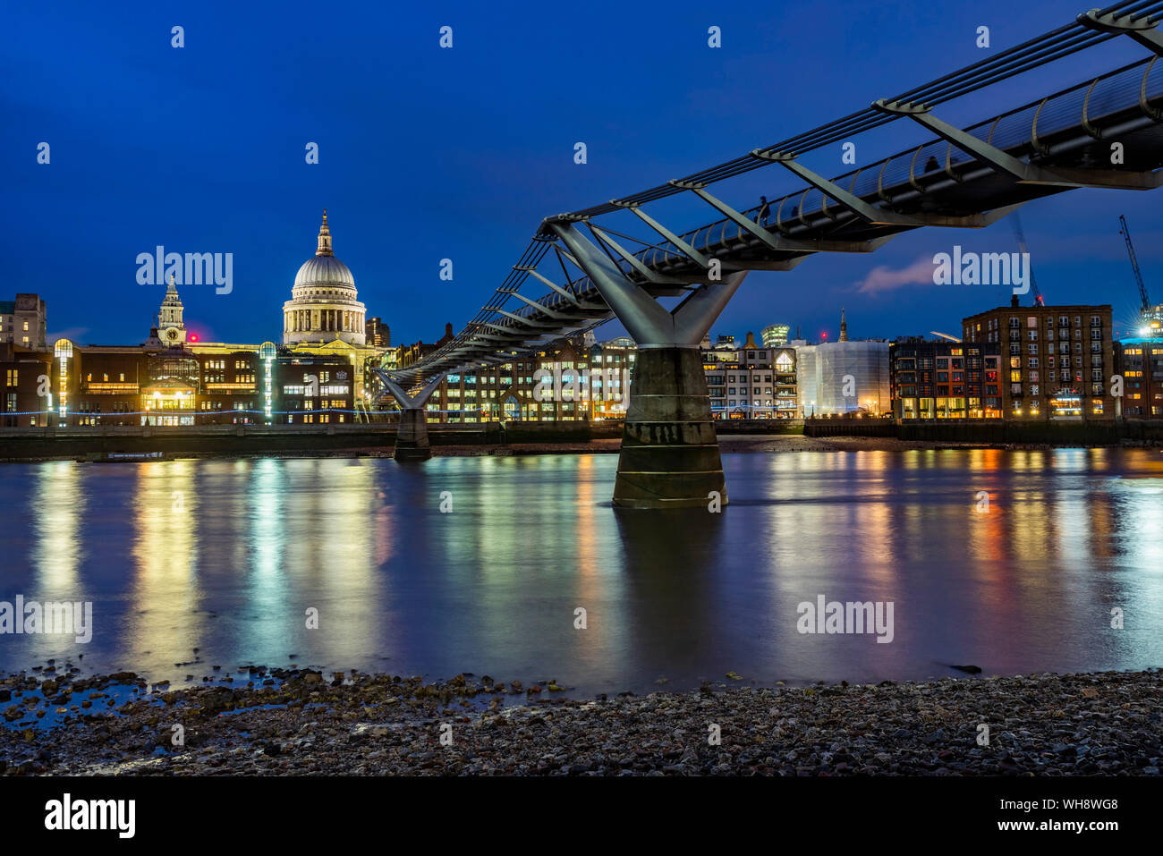 St. Pauls Cathedral and Millennium Bridge at night, City of London, London, England, United Kingdom, Europe Stock Photo