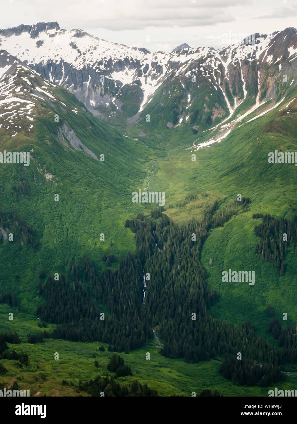 Aerial view of snow capped mountains as seen from a small private plane flying in Southeast Alaska, United States of America, North America Stock Photo