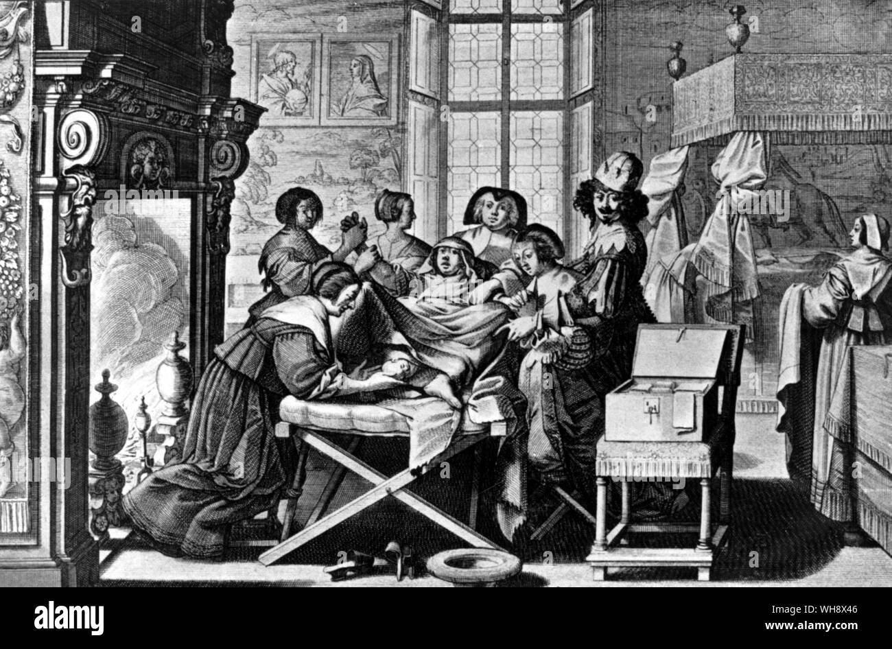 A childbirth scene from a Dutch seventeenth-century engraving by Abraham Bosse Stock Photo