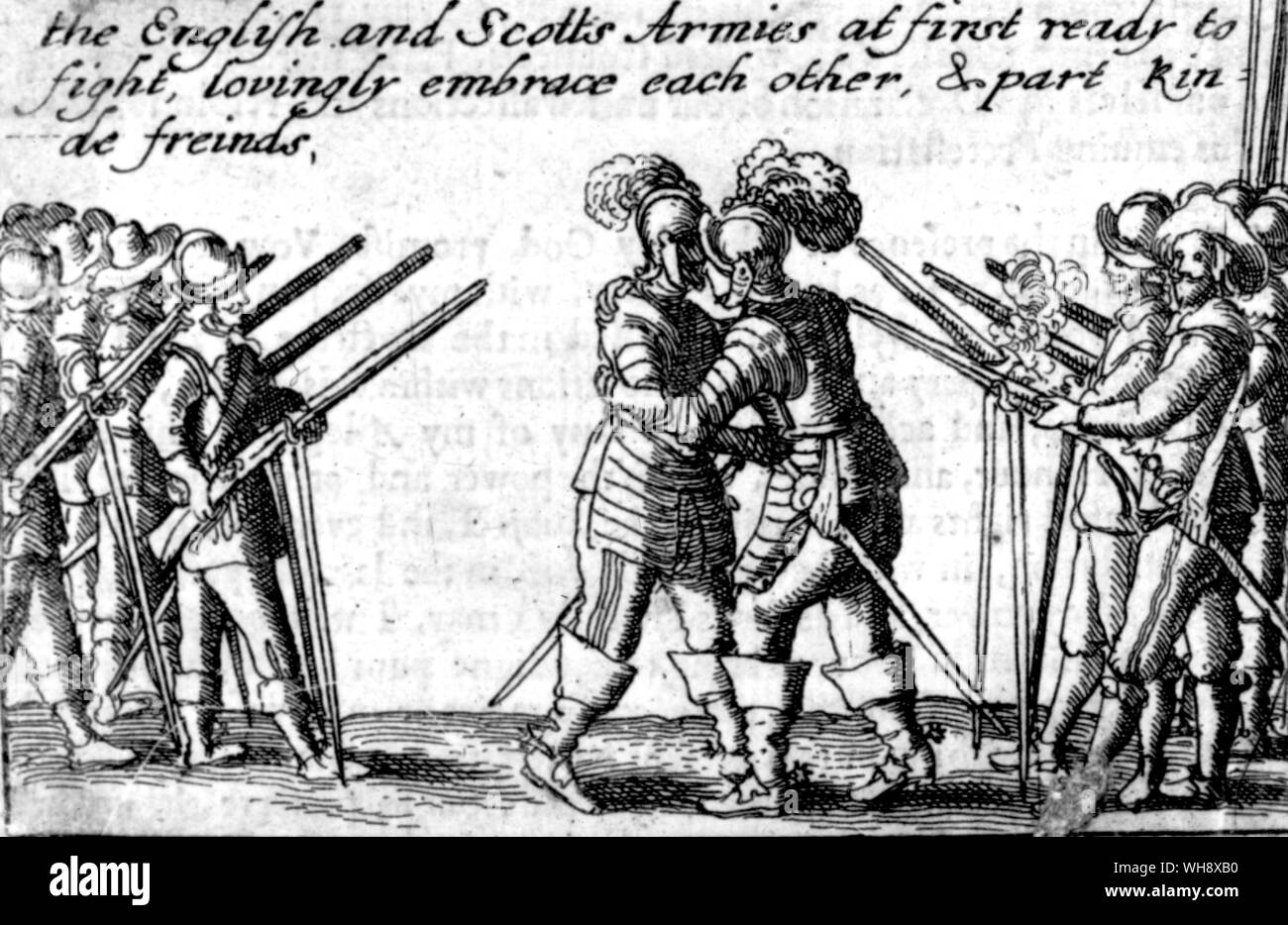 A Parliamentary view of the Pacification of Berwick . The English and Scotts Armies at first ready to fight lovingly embrace each other and part kinde friends Stock Photo