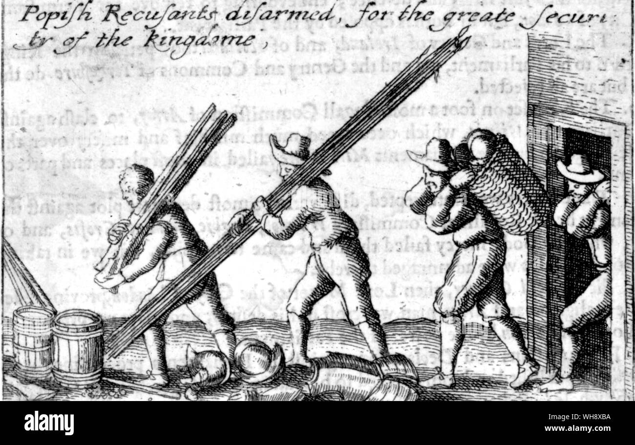 Popish Recusants disarmed for the greater security of the kingdom . Confiscating arms from recusants the popular prejudice against Roman Catholics remained inveterate in the century between the Armanda and the Glorious Revolution Stock Photo