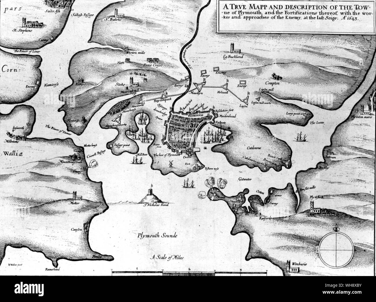 Plymouth during the siege of 1643. Without control of the sea, the city already all but encircled would have no hope Stock Photo