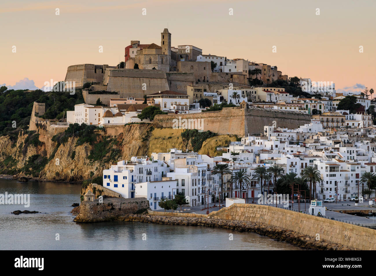 Ramparts, walls, cathedral, Dalt Vila, at sunrise, UNESCO World Heritage Site, Ibiza Town, Eivissa, Balearic Islands, Spain, Mediterranean, Europe Stock Photo