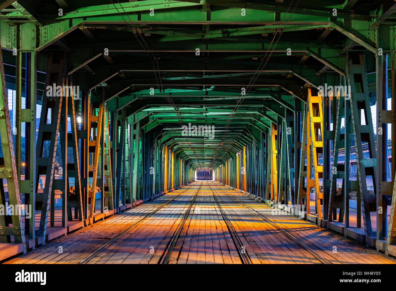 Gdanski Bridge with tramway track at night, Warsaw, Poland Stock Photo