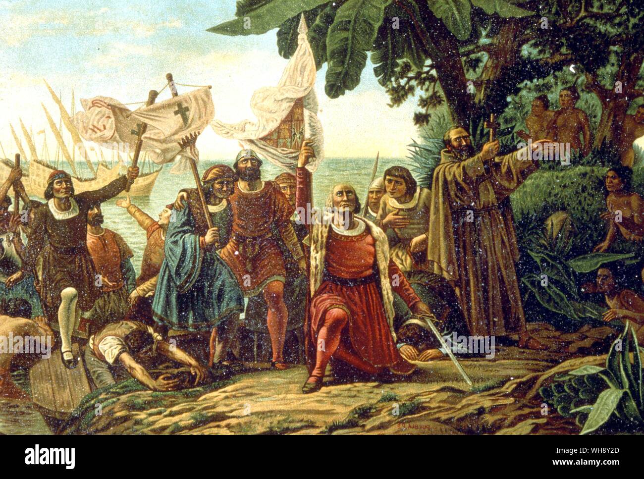 Christopher Columbus (1451-1506)  landing on Island of San salvador Bahamas 12 October 1492 Stock Photo