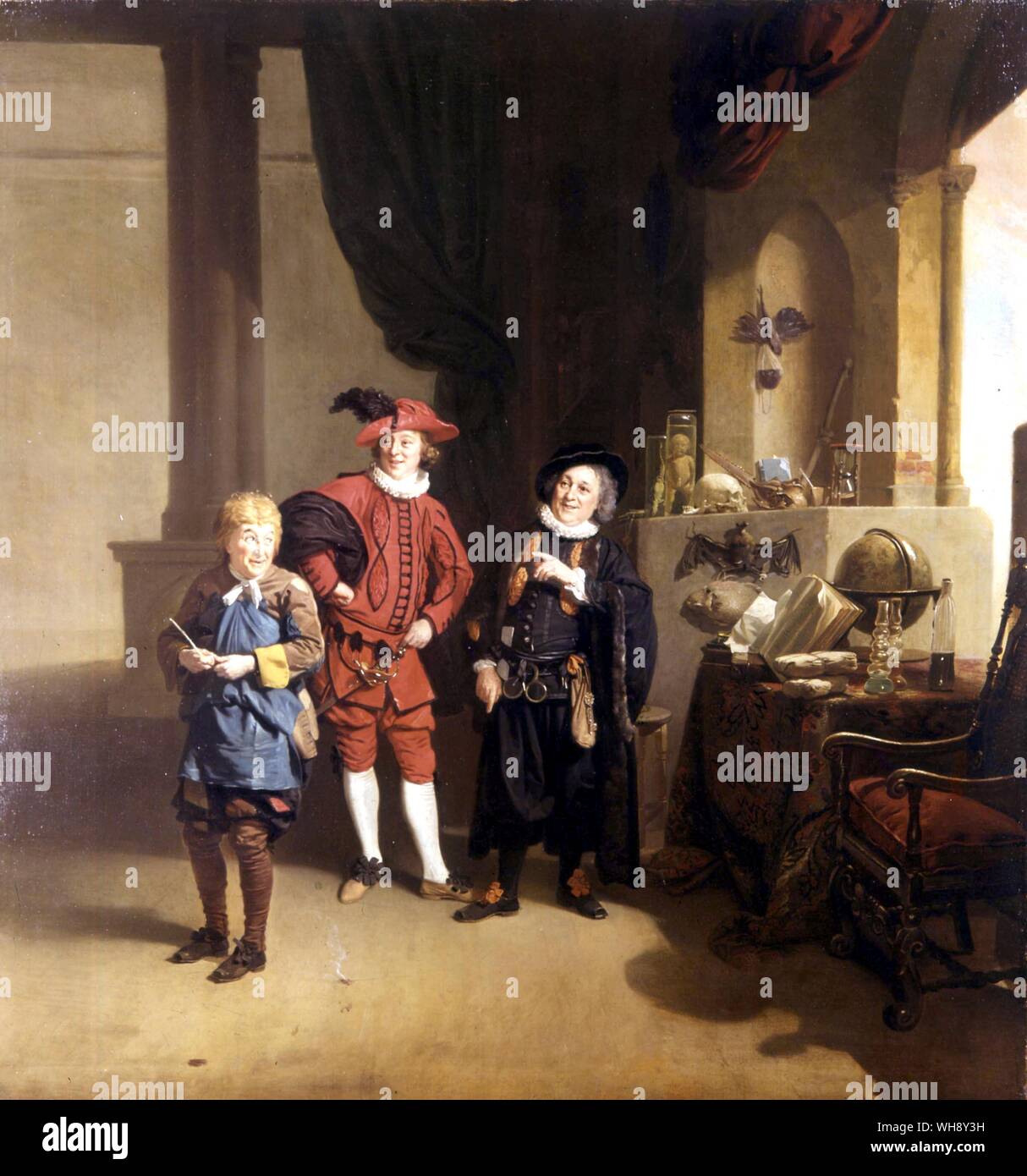David Garrick as Abel Drugger with William Burton as Subtle and John Palmer as Face in The Alchemist Theatre Royal Drury Lane 1769 Stock Photo