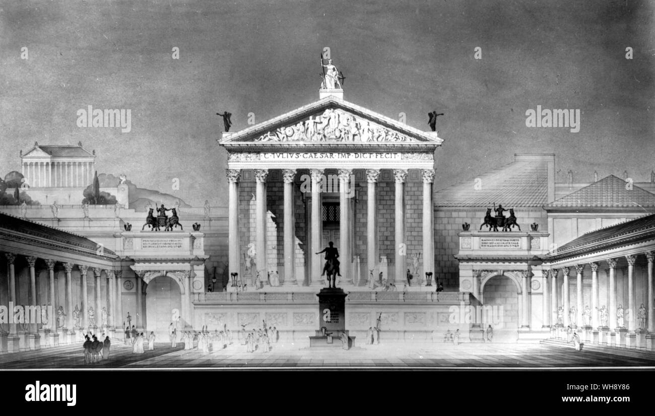 The Forum Julii, the square and market built by Julius Caesar, with the temple of Venus Genetrix, Rome. from a reconstruction by Olindo Grossi.. Stock Photo