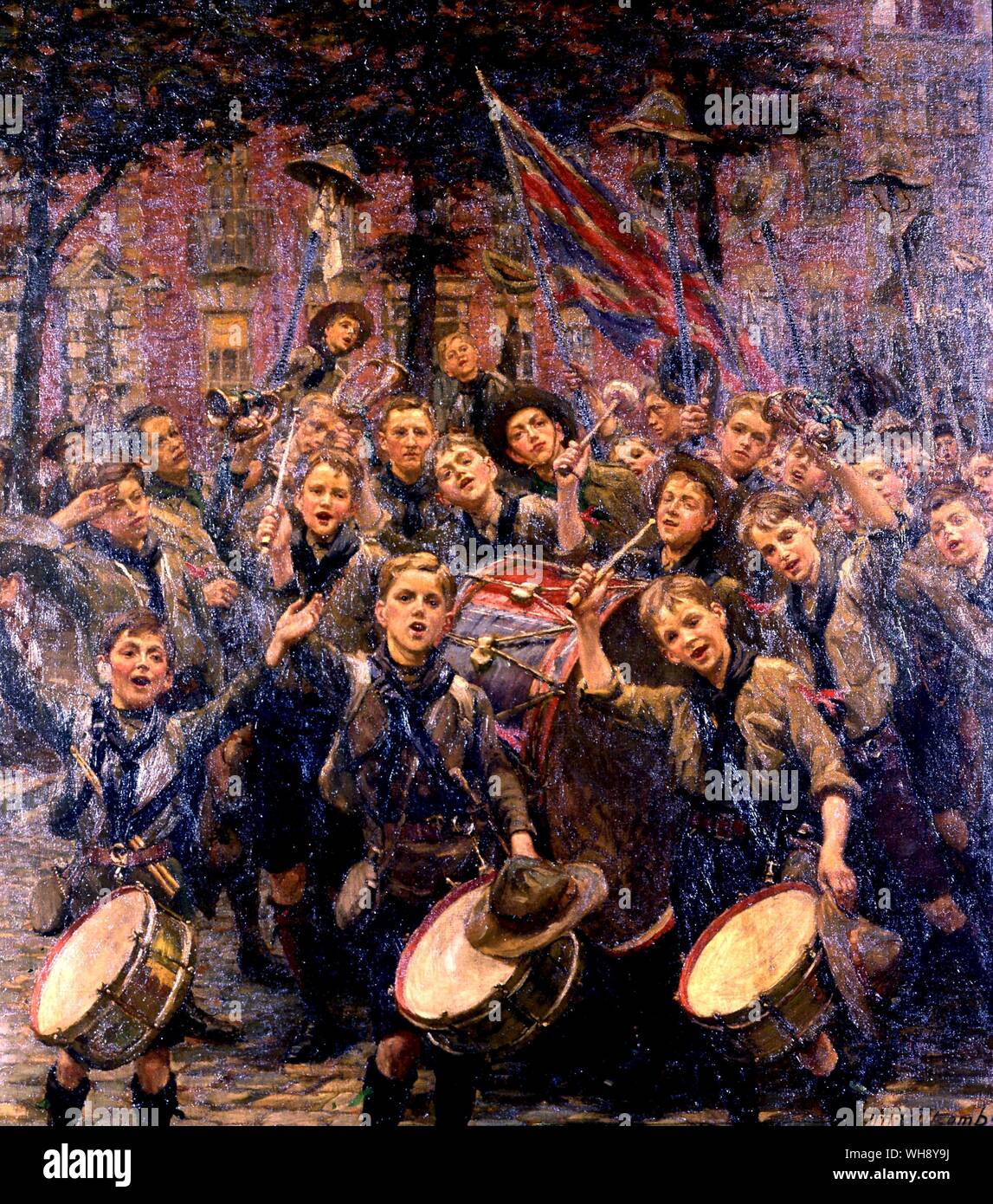 Typical example of the popular patriotic art of the period by W H Y Titcomb 1913 was originally entitled Cheering the Chief Scout later was used as recruiting propaganda with the title Send Us! Stock Photo