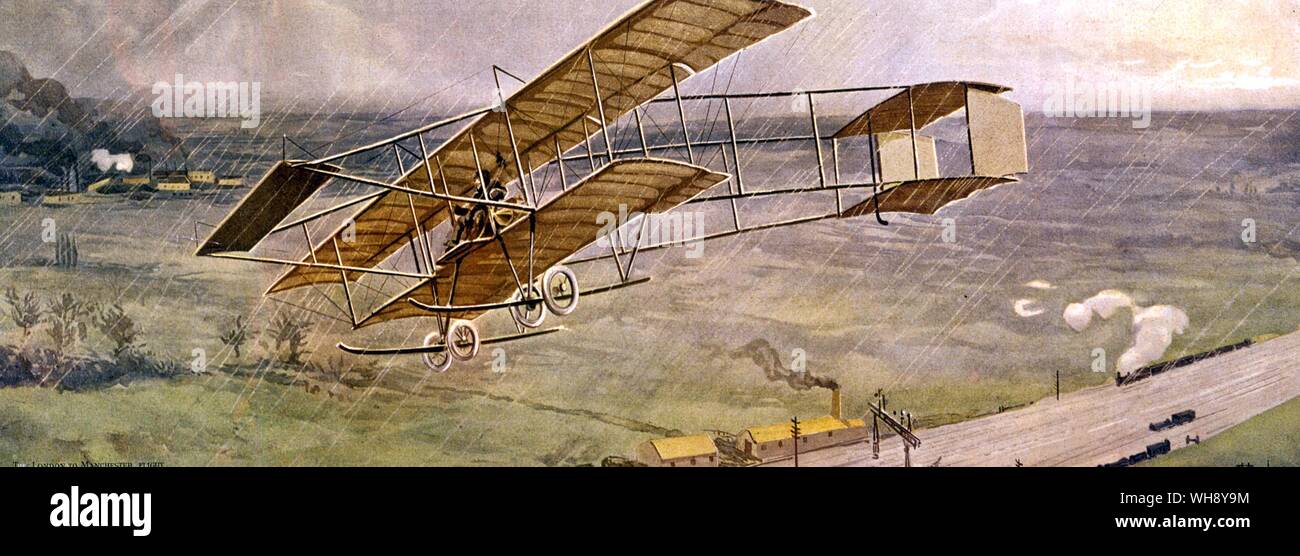 Paulhan flying a Henry Farman machine over the London and North Western Railway during the London to Manchester Air race April 1910 by I E Delaspre Stock Photo