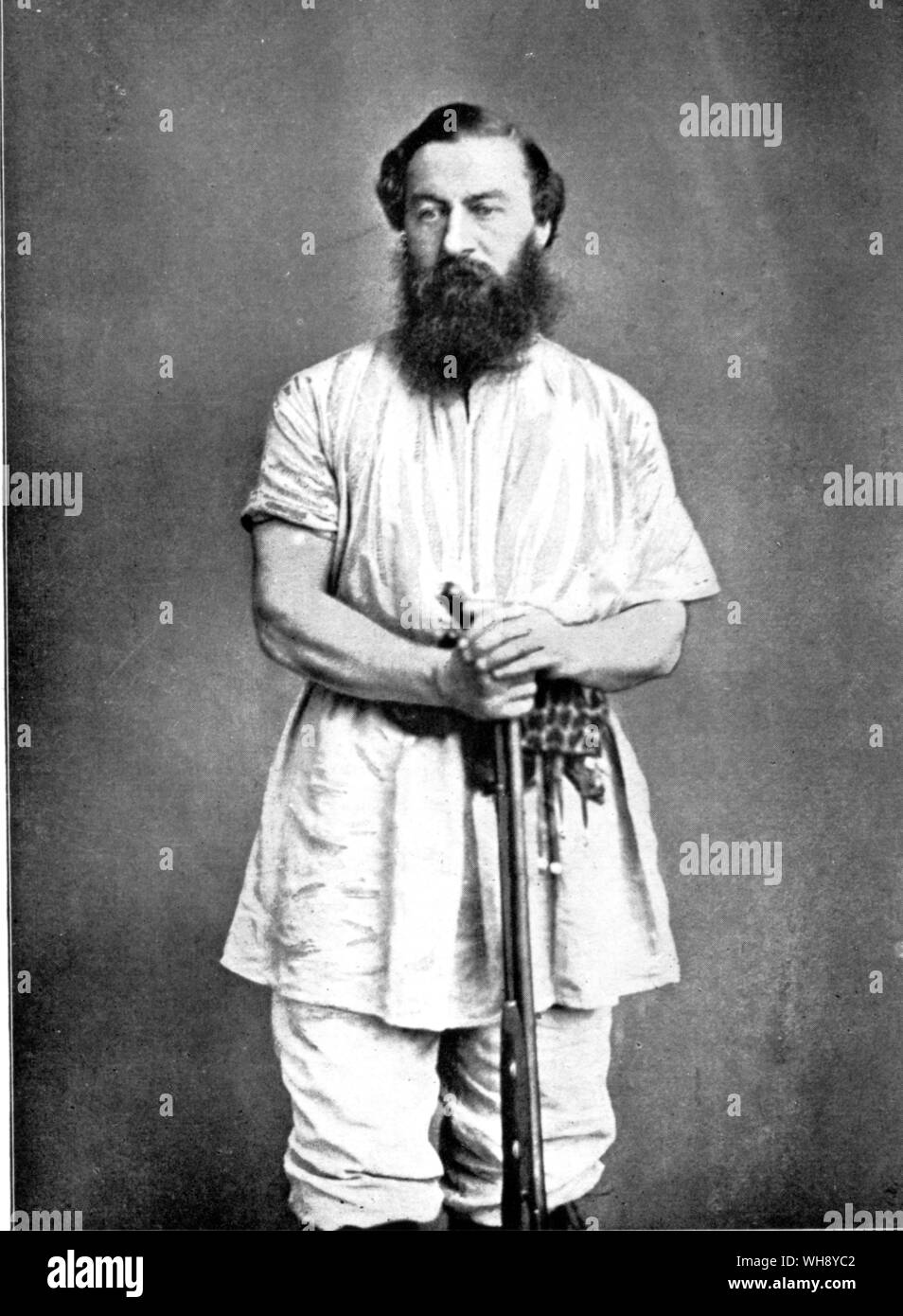 Samuel Baker, 1865. By 1874 he was described as the title- page of Ismailia: 'Sir Samuel W. Baker Pacha, MA, FRS, FRGS. Major-General of the Ottoman Empire, Member of teh Orders Osmanie and the Medjidie, Late Governor-General of the Equatorial Nile Basin, Gold Medallist of the Royal Geographical Society, Grande Medaille d'Or de la Societe de Geographie de Paris... Author of The Albert N'yanza Great Basin of the Nile... The Rifle and Hound in VCeylon etc .., etc Stock Photo