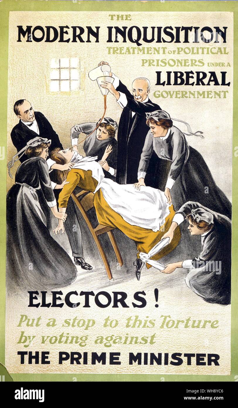 A poster showing a suffragette being forced fed issued as an e.ection poster  by the militant suffragettes Stock Photo - Alamy
