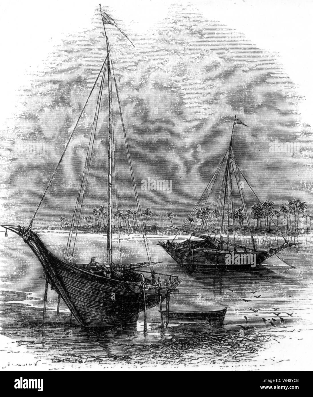 Dhow used for transport of Dr Livingstone's camels. 'Dr Livingstone, though no artist, had acquired a practice of making rude sketches of scenes and objects which have furnished material for the engravers.' Stock Photo