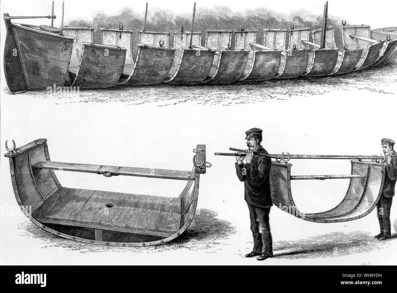 Steel boats that could be transported in sections were important items of equipment on Central African expeditions. Gordon used two and Stanley had employed this technique: 'Arriving at the first river the Advance was already jointed, and we were ferried over to the other bank in fifties, and camped.' (Stanley). Stock Photo