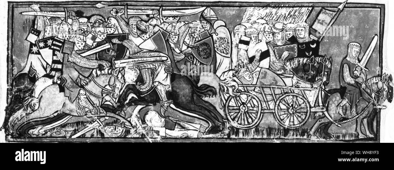 The dying King Arthur borne away by cart from the Battle of Camlann after killing Mordred Stock Photo