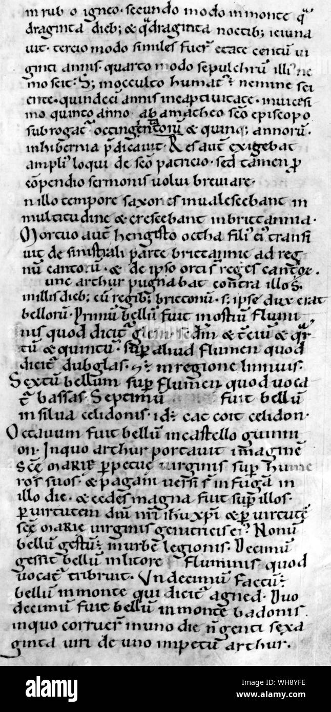 The section of Nennius's Historia Britonum describing King Arthur's twelve great battles Stock Photo