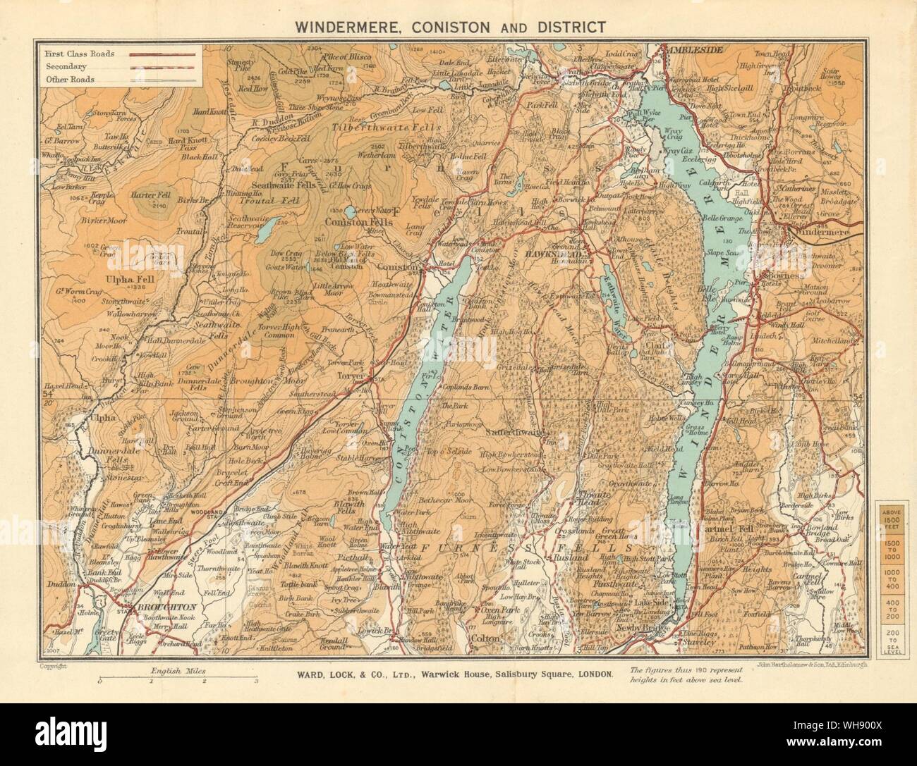 Coniston Map Lake District Windermere & Coniston Water. Ambleside Lake District Cumbria. Ward Lock  1935 Map Stock Photo - Alamy