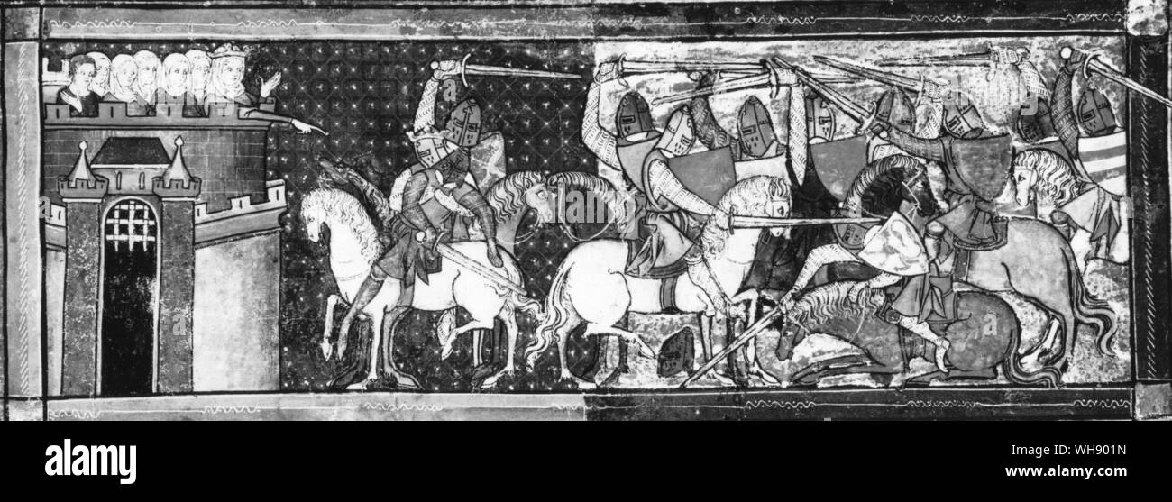 Jousting at Camelot , Lancelot watched from the castle by Guinevere and