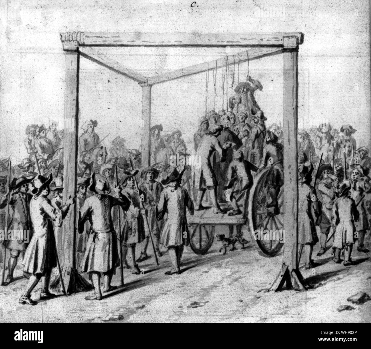 The gallows at Tyburn. . 'I got for a shilling to stand upon the wheel of a cart, in great pain, above an hour before the execution was done.' (21st January 1664). Hanging at Tyburn, attributed to Marcellus Laroon II. Taken from Pepys, Samuel English diarist and naval administrator. kept diary 1660-1669 (published 1893-1899). president of Royal Society 1684-1686  1633-1703 Stock Photo