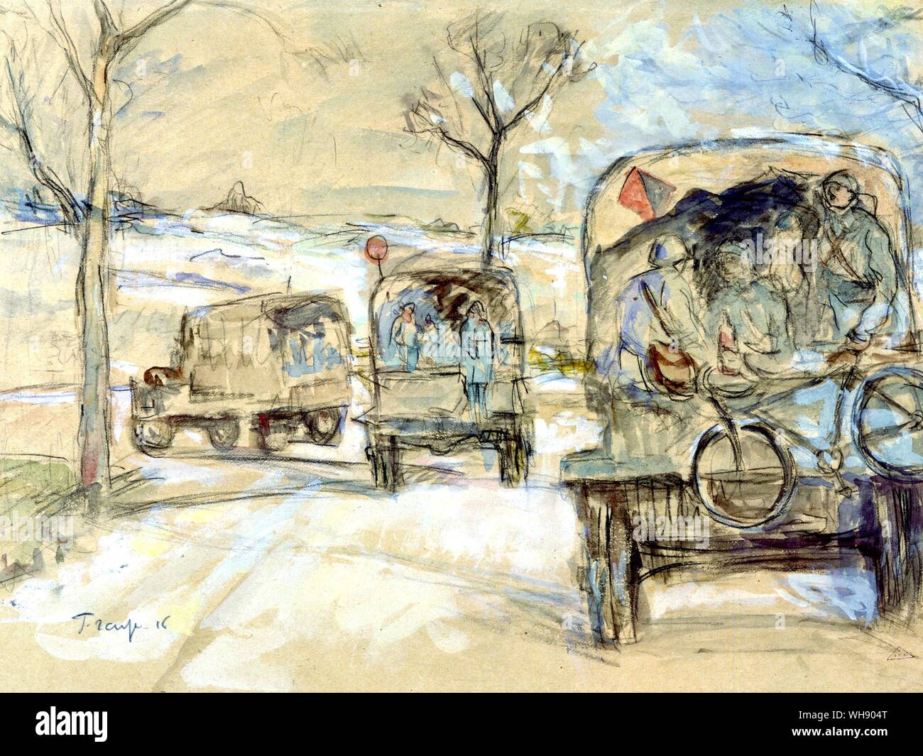 An average of 1,700 motor trucks a day rolled aloing the Voie Sacree painting by Andre Fraye . Verdun was the first battle in history where motor transport was all important Stock Photo