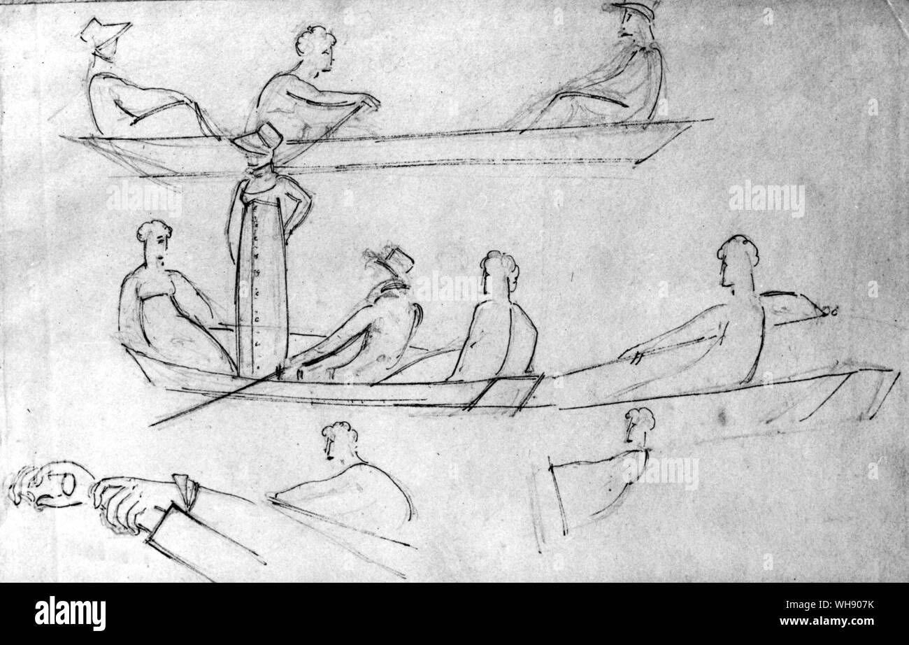 A Thomas Baxter sketch of boating at Merton Place, Surrey. Lady Hamilton, Lord Nelson's mistress is standing. They renamed the river, the 'Nile'.. Stock Photo