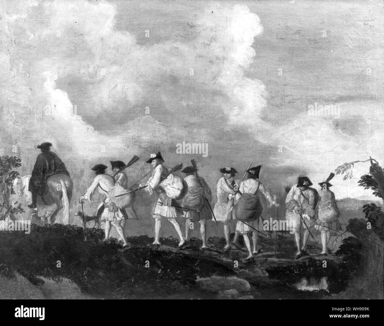 French recruits joining their regiment.  Painting after Antoine Watteau Stock Photo