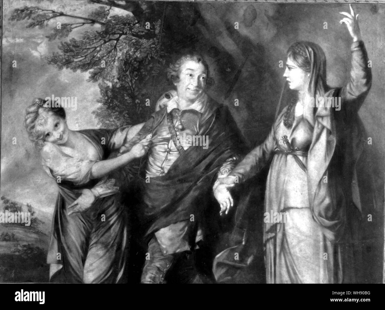 Amateur theatricals were among the entertainments at Up Park. In this painting, Emma  is on the left with an unknown actor manager and actress. Stock Photo