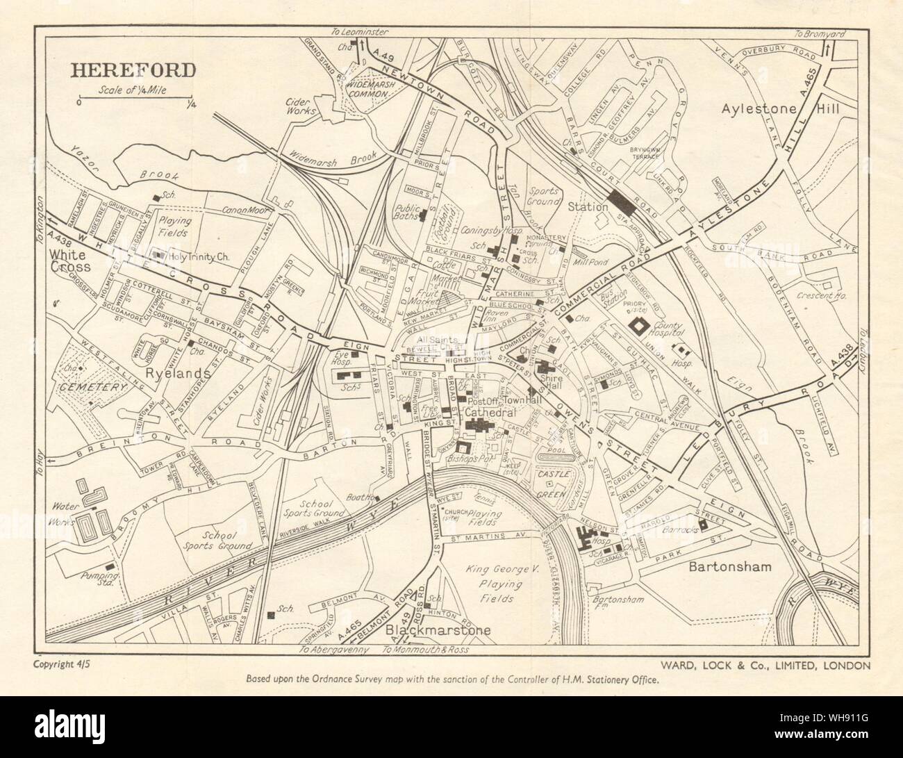 HEREFORD Vintage Town City Plan Herefordshire River Wye WARD LOCK   Hereford Vintage Towncity Plan Herefordshire River Wye Ward Lock 1955 Map WH911G 