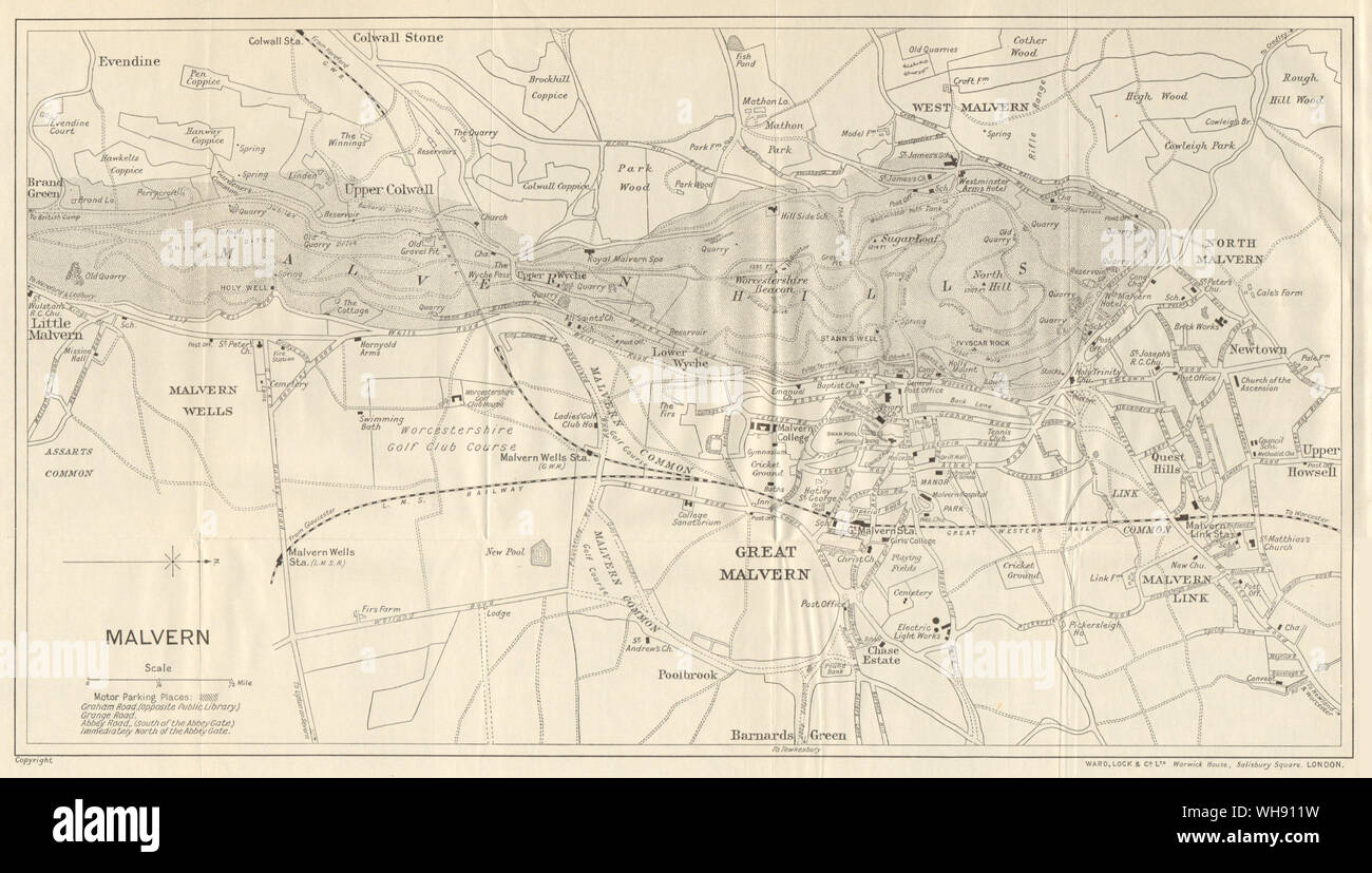 MALVERN HILLS area & Great Malvern town/city plan. WARD LOCK 1938 old map Stock Photo Alamy