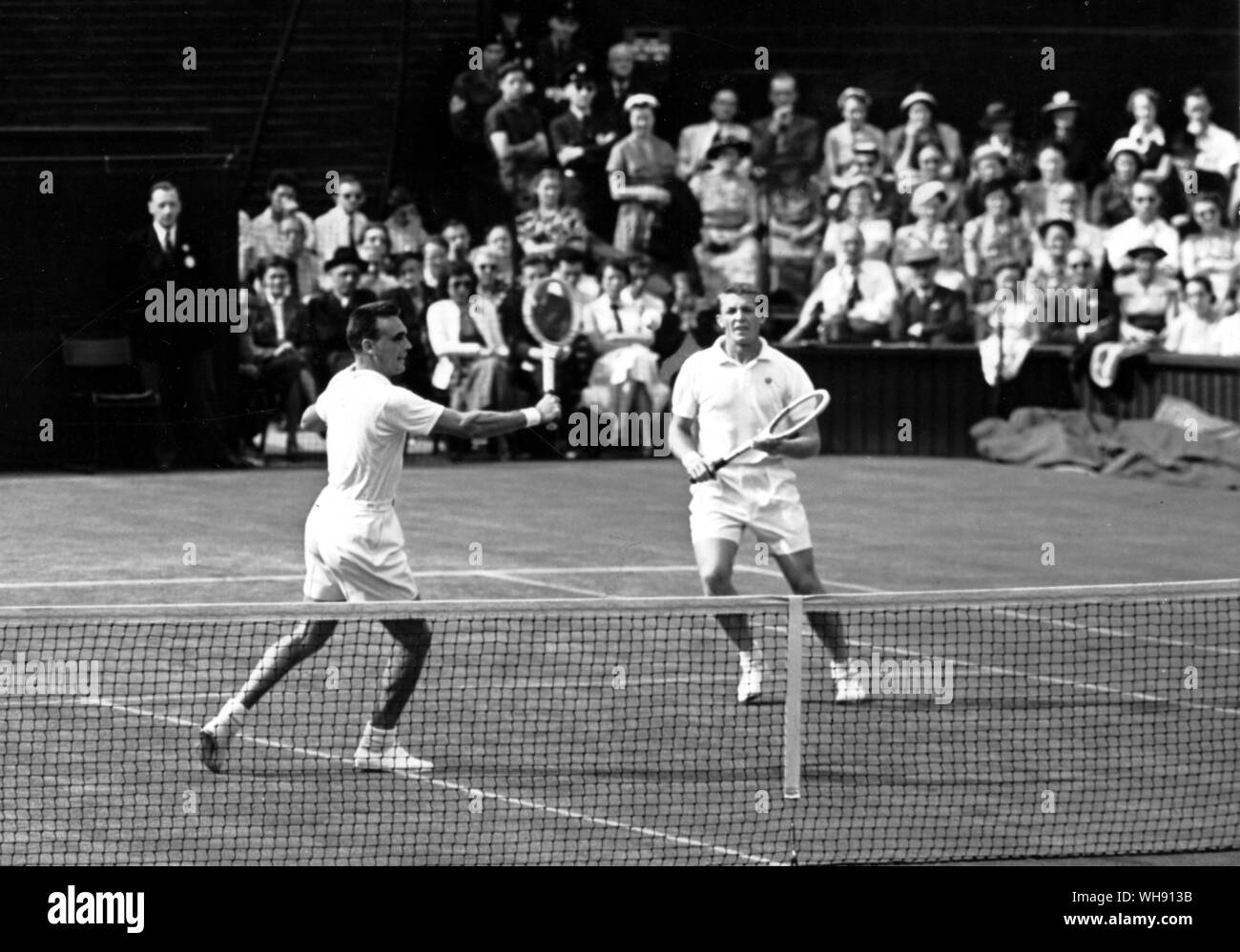 Vic Seixes (l) and Tony Trabert, who lost to Rex Hartwig and Mervyn Rose in 1954. The winners' score was 6-4, 6-4, 3-6, 6-4. Stock Photo