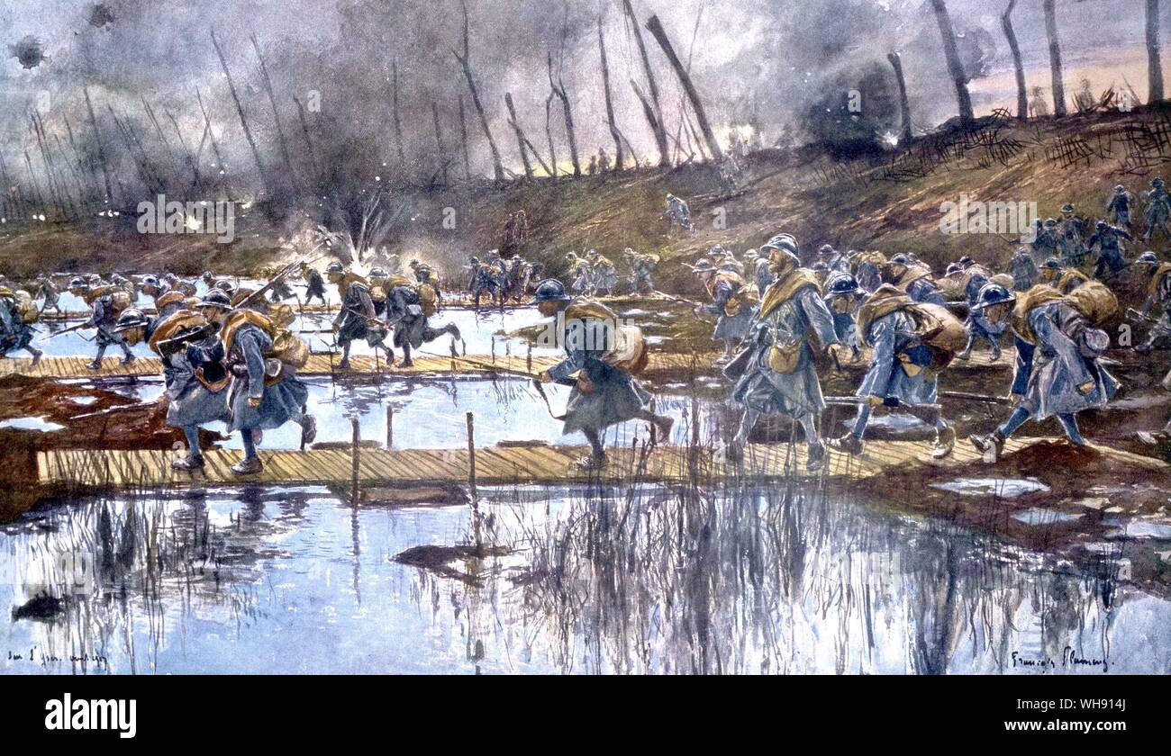 An artists impression of troops crossing a river on improvised bridges by Francois Flameng Stock Photo