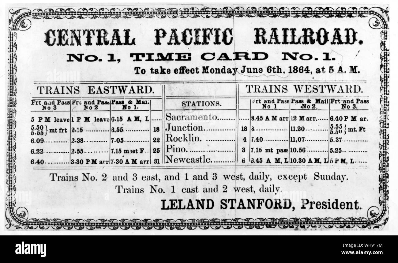 Timetable for the Central Pacific before it was extended to Promontory Point.. Stock Photo