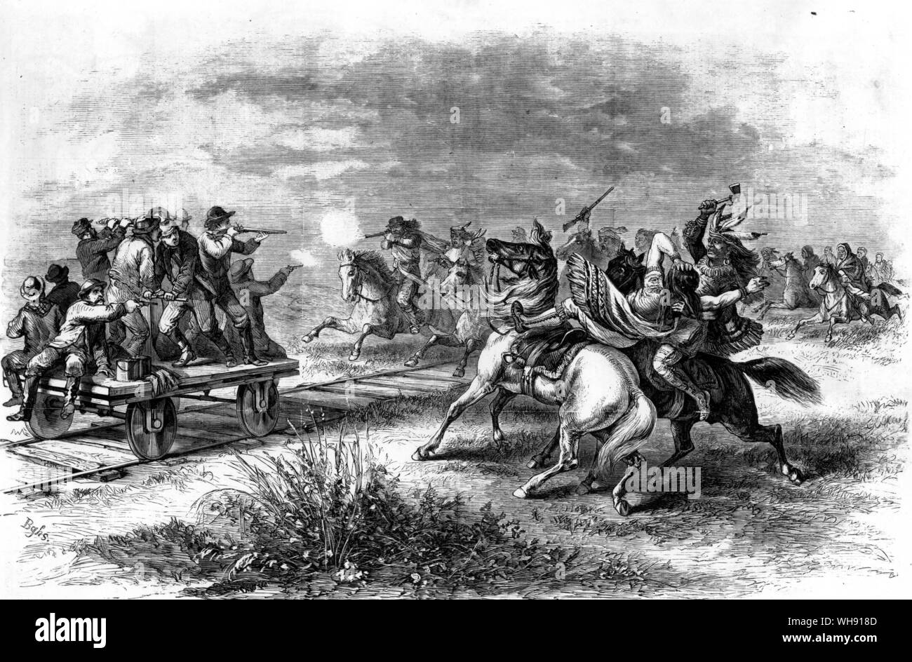 Although the railroads trespassed on Indian lands, the construction were outraged by Indian attacks.. Stock Photo